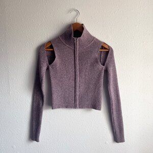 Korean-Style Zip-Up Shoulder Cutout Sweater – Purple – Small